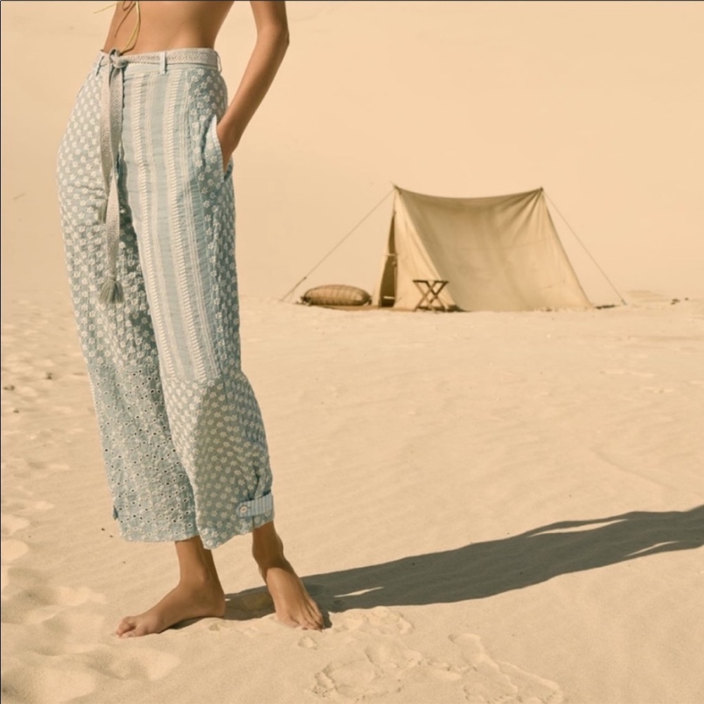 Zara embroidery high waisted patchwork pants with belt HTF